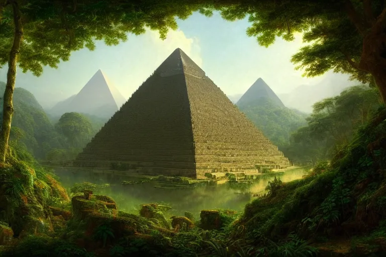 Prompt: a beautiful and highly detailed digital painting of a small pyramid far away in a massive lush mountainous jungle, intricate details, epic scale, hyperdetailed, hyperrealism, artstation, cgsociety, 8 k, sharp focus, by caspar friedrich, albert bierstadt, james gurney,