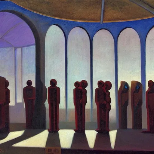 Image similar to brutalist robots queue inside a dome, pj crook, grant wood, edward hopper, syd mead, chiaroscuro, oil on canvas