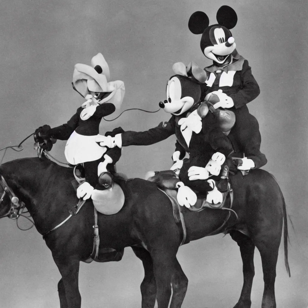 Image similar to a photograph of mickey mouse riding a horse called mini mouse