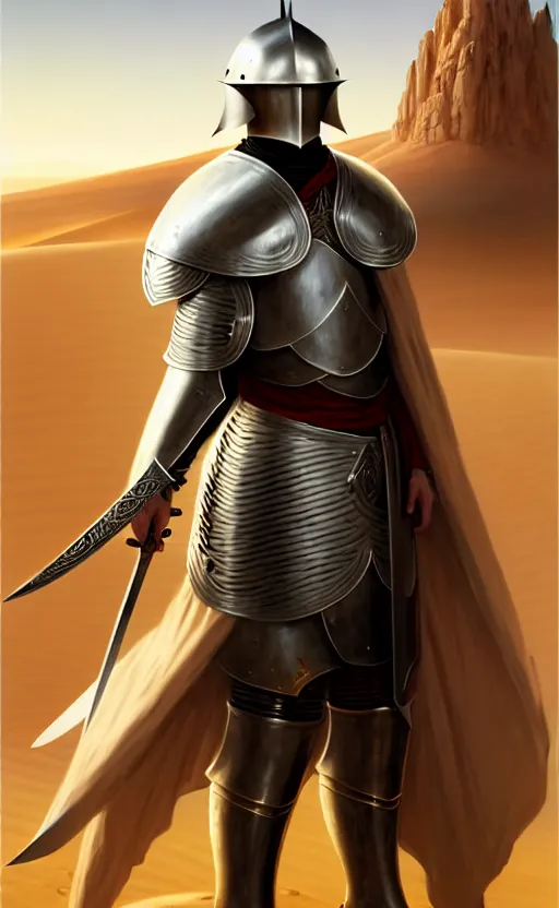 Image similar to white man looking forward in decorated plate armor, cylindrical crusader great helm covering all his head and white silk cape covering his elbows holding golden cross shaped heavy sword in the desert drawn by greg rutkowski realistic high detail