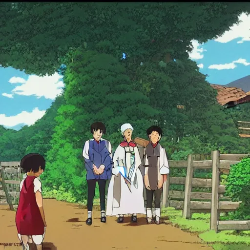 Image similar to STUDIO GHIBLI | a wedding at the farm, happy antropomorphic farm animals wearing wedding suits and robes, extended family, outside, mountain background, by Studio Ghibli, still picture, perfect movie shot, animation masterpiece, composition, frame