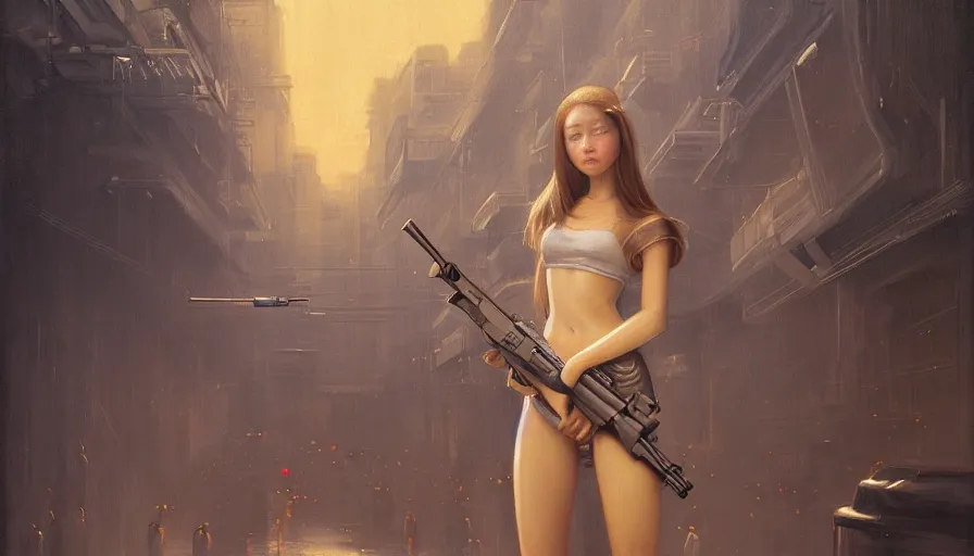 Image similar to a ultradetailed beautiful painting of a girl holding a gun on rio de janeiro by cheng hsiao - ron, ngai victo, jean delville by wlop and dougherty patrick, trending on artstation, sci fi, futurism, post capitalism, octane rendering, sharp focus