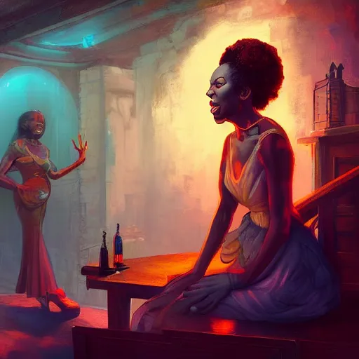 Prompt: Highly detailed portrait of a nina simone singing in a speakeasy unreal engine, fantasy art by Peter Mohrbacher, red and blue lighting, detailed and intricate environment