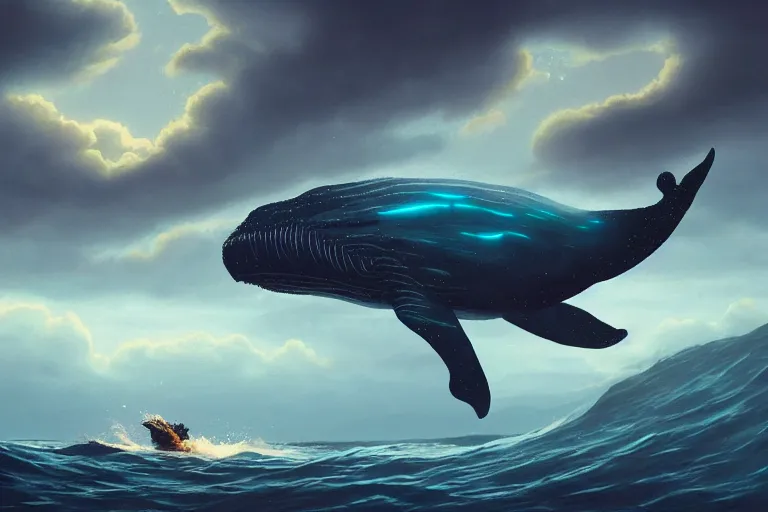 Prompt: whale flying through clouds, cinematic lighting, bioluminescent, dan mumford, artgerm, greg rutkowski, artstation