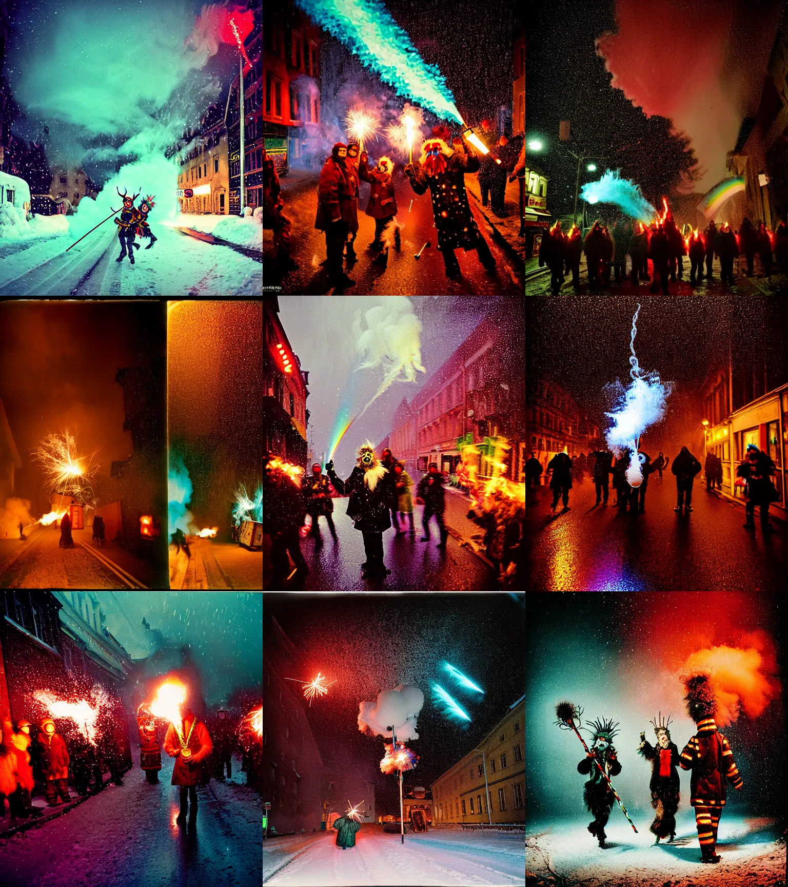 Image similar to kodak portra 4 0 0, wetplate, winter, snowflakes, rainbow coloured rockets, chaos, glitter tornados, award winning dynamic photo of a bunch of hazardous krampus between exploding fire barrels by robert capas, motion blur, in a narrow lane in salzburg at night with colourful pyro fireworks and torches, teal lights