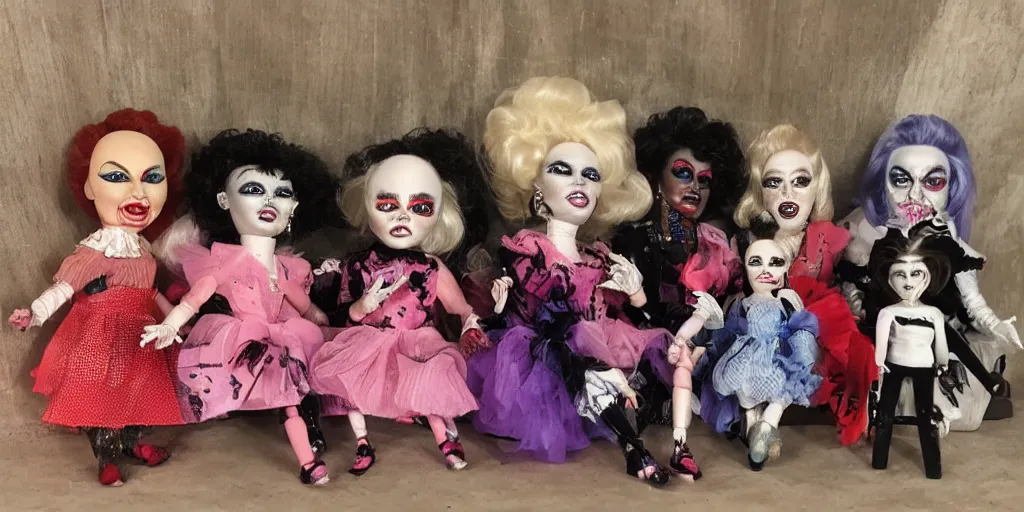 Image similar to drag queen ceramic doll collection in creepy attic