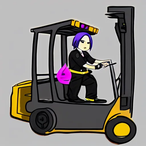 Prompt: a person cosplaying homura akemi operating a forklift