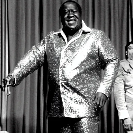 Prompt: A movie still of Idi Amin wearing a disco suit in Satuday Night Fever