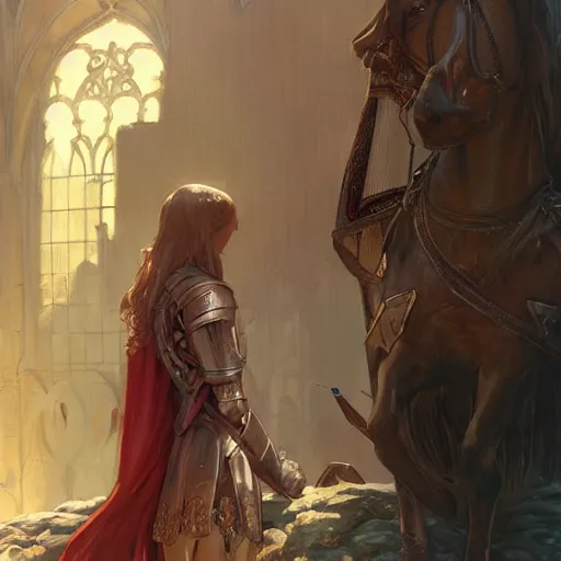 Image similar to Medieval knight saying final goodbye to his princess, highly detailed, digital painting, artstation, concept art, sharp focus, illustration, art by artgerm and greg rutkowski and alphonse mucha