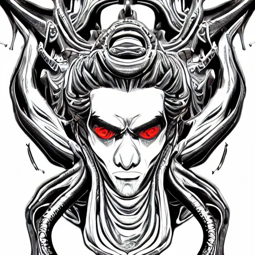 Image similar to 4 k stylized neon headshot of godlike cthulhu with defined arms and open hands and bloody clothes with giant mandala wings, intricate face, flawless anime cel animation by kentaro miura, psychedelic, highly detailed upper body, professionally post - processed, beautiful, scary, symmetry accurate features, epic, octane rendered, anime masterpiece, accurate