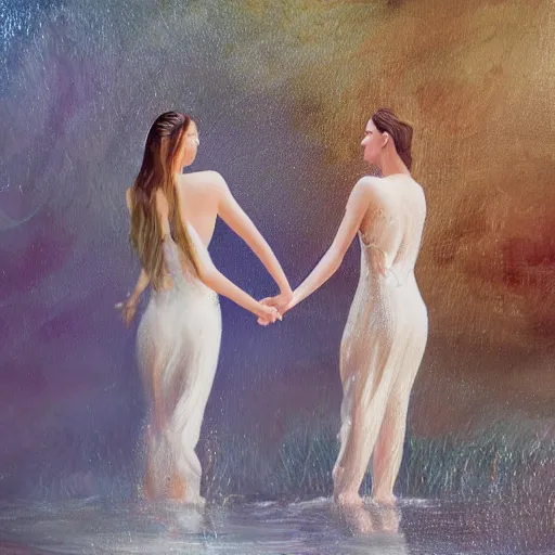 Image similar to an oil painting of two women under water holding hands, photo realistic, intricate details, flowing dresses and hair, volumetric lighting, Jennifer packer style