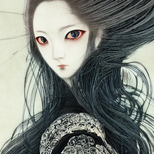 Prompt: yoshitaka amano blurred and dreamy realistic illustration of a japanese woman with black eyes, black lipstick, wavy white hair fluttering in the wind wearing elden ring armor with engraving, abstract patterns in the background, satoshi kon anime, noisy film grain effect, highly detailed, renaissance oil painting, weird portrait angle, blurred lost edges, three quarter view