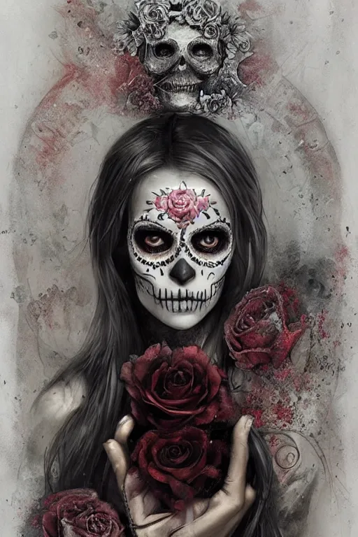 Image similar to illustration of a sugar skull day of the dead girl, art by bastien lecouffe deharme