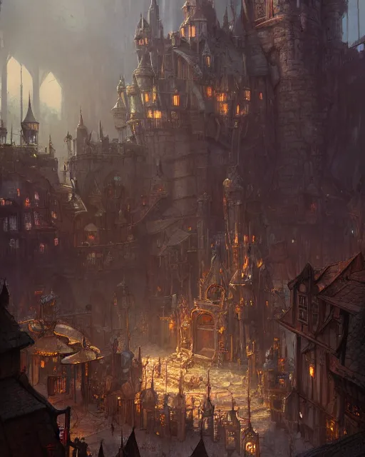 Prompt: gathering at the gallows at the courtyard of a robust fantasy castle, calming, uplifting mood, ultra realistic, factory, funny, small buildings, highly detailed, epic lighting, illuminated, cinematic, morning, art by eddie mendoza