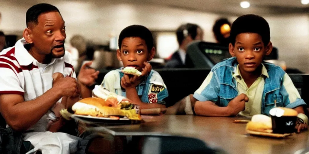 Image similar to e. t will smith sitting in a mc donald ’ s restaurant with an angry expression because he got the wrong hamburger.