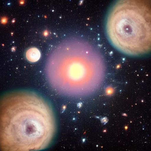 Image similar to hubble image of army of planets in galactic maelstrom, fire, vray, 5 5 mm