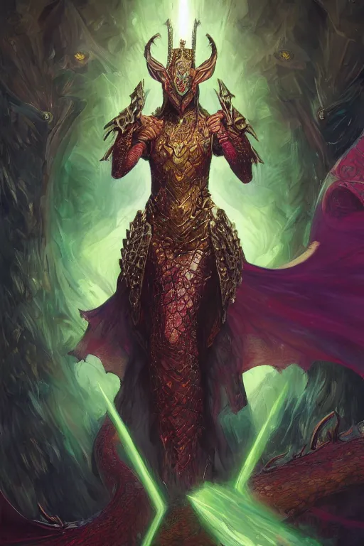 Prompt: masterpiece digital painting of a queen reptilian, dragon centered, heavy gold obsidian armor, chaotic ruby inlays, large cape, by kev walker and greg rutkowski and mucha, background, green sparkles, artstation, deviantart, closer view, cinematic lights