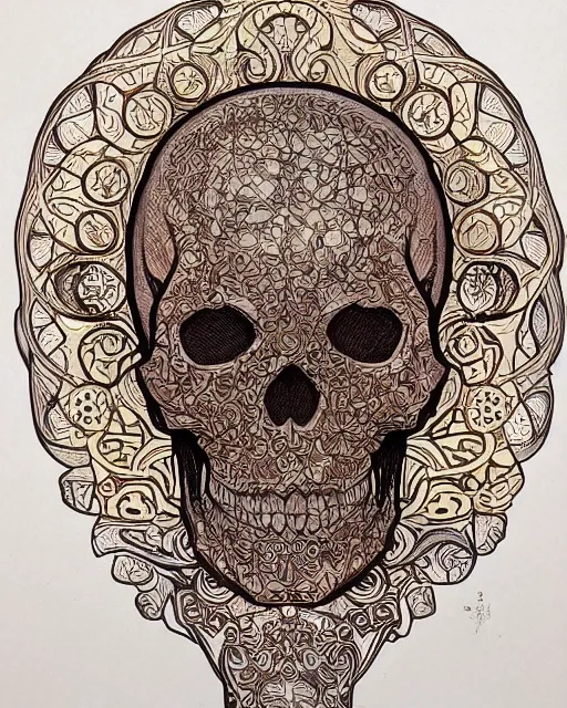 Prompt: intricate skull carving art, cell shading, voronoi, sacred geometry by Alphonse Mucha, Moebius, hiroshi yoshida, Art Nouveau, Druillet, colorful, ultradetailed, earthtones