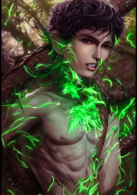 Image similar to A realistic anime portrait of a handsome dryad joker with glowing green eyes and tree bark skin wearing clothes made of leaves, digital painting, by Stanley Artgerm Lau, Sakimichan, WLOP and Rossdraws, digtial painting, trending on ArtStation, SFW version