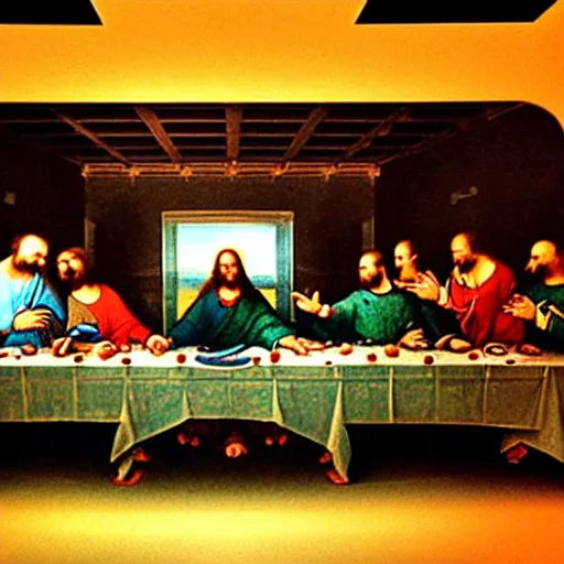 Prompt: in a space technology museum, a futuristic hologram art of The Last Supper by Leonardo Da Vinci