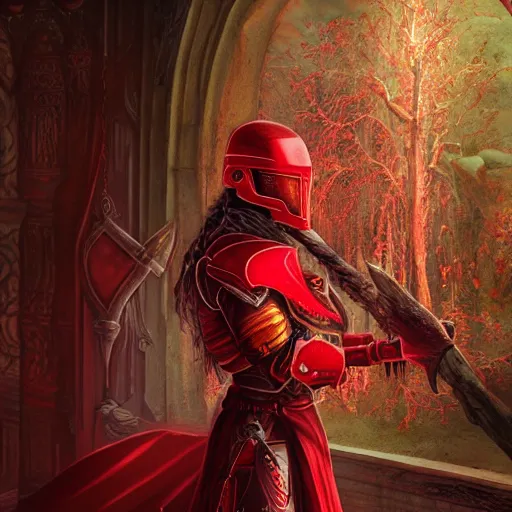 Prompt: blood knight, red, glowing halo, fantasy art, located in a castle, morning sunlight through the window, decorated, high quality, highly detailed, closeup