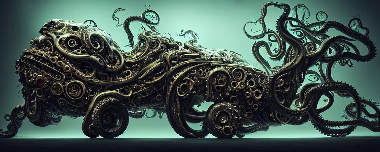 Image similar to biomechanical shiny vehicle reminiscent of bugatti chiron with (glowing) lights and octopus tentacles parked in ancient mystic woods, gothic and baroque, brutalist architecture, ultradetailed, creepy ambiance, fog, artgerm, giger, Intricate by Ellen Jewett and Josan Gonzalez and Giuseppe Arcimboldo