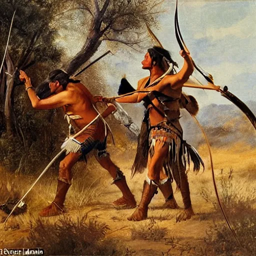 Prompt: native american man hunting sabertooth tiger on great plains with bow and arrow, painting by emanuel leutze and emanuel leutze and emanuel leutze and emanuel leutze and emanuel leutze