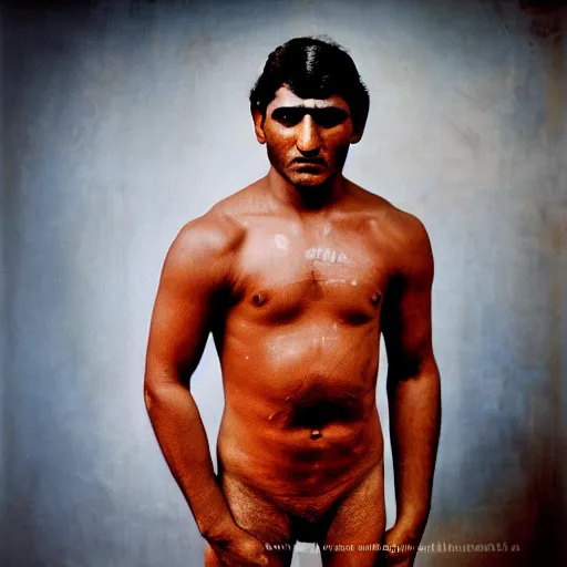 Image similar to color photo, portrait of indian kushti wrestler by richard avedon, realistic, Leica, medium format, cinematic lighting, parallax, high resolution,