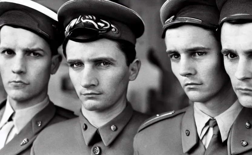 Image similar to 50s movie still close-up portrait of three soviet officers with very detailed faces in a stalinist style hall, by Angust Sander, Cinestill 800t 35mm black and white, heavy grainy picture, very detailed, high quality, 4k, HD criterion, precise texture, diverse faces, diverse haircuts, diverse ages, each faces precisely define