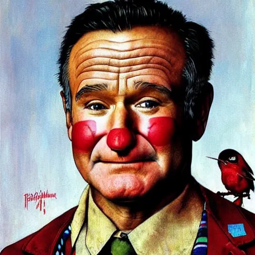 Image similar to Robin Williams as a sad clown painted by Norman Rockwell