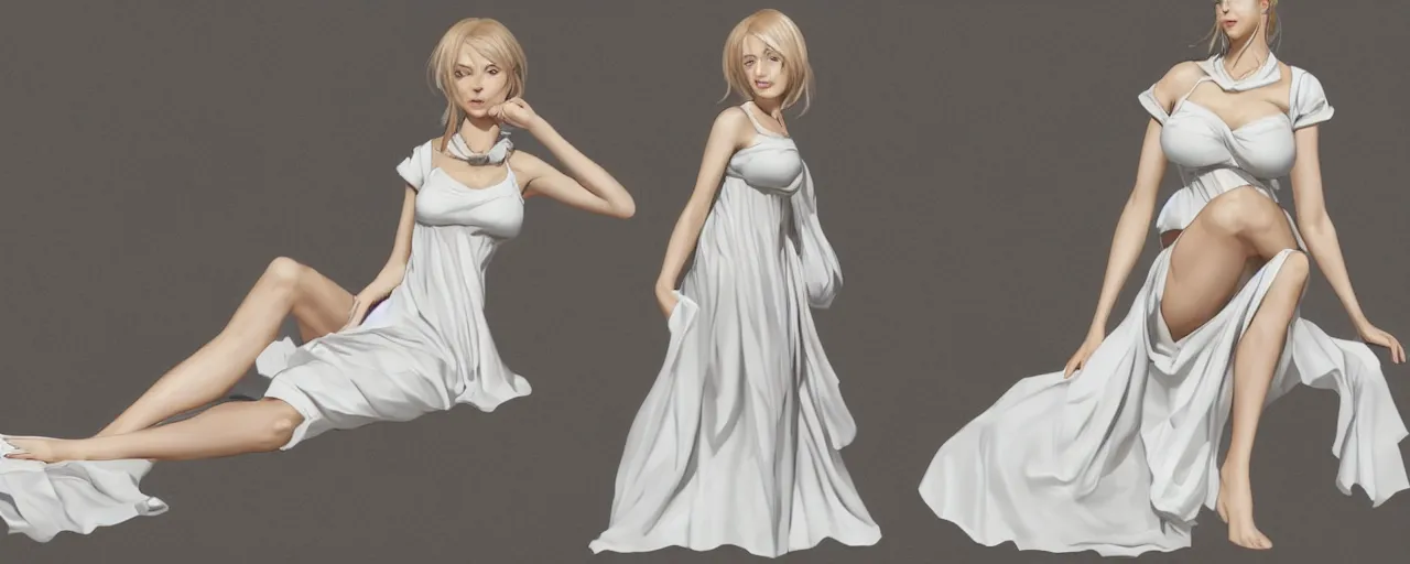 Image similar to character design, reference sheet, ancient white dress, relaxing, cute, super tale, slim, young female, happy, beautiful, elegant, no shoes, open v chest clothes, long dark hair, concept art, photorealistic, hyperdetailed, 3d rendering! , art by Leyendecker! and constable,