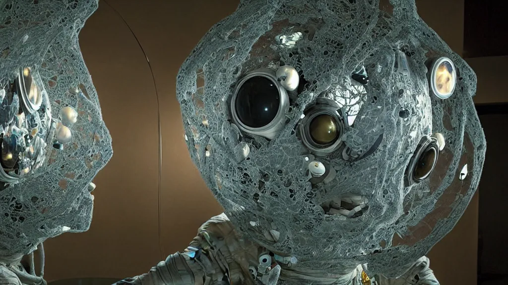 Image similar to a single astronaut eva suit covered in diamond 3d fractal lace iridescent bubble 3d skin and covered with insectoid compound eye camera lenses floats through the living room, film still from the movie directed by Denis Villeneuve with art direction by Salvador Dalí, wide lens,