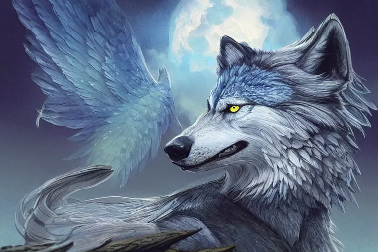 Image similar to Blue feathered wolf with wings on a beautiful fantasy landscape, hills, mountains, moonlit, HD, illustration, epic, D&D, fantasy, intricate, elegant, highly detailed, digital painting, artstation, concept art, smooth, sharp focus, illustration, wallpaper, art by artgerm and greg rutkowski and alphonse mucha and jin xiaodi