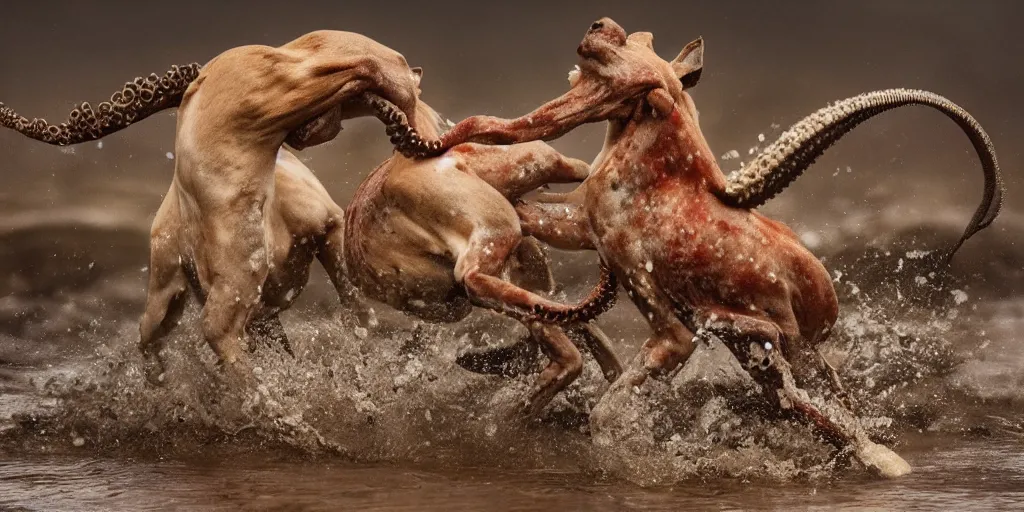 Image similar to national geographic photo of horse full of octopus being eaten by african hunting dogs