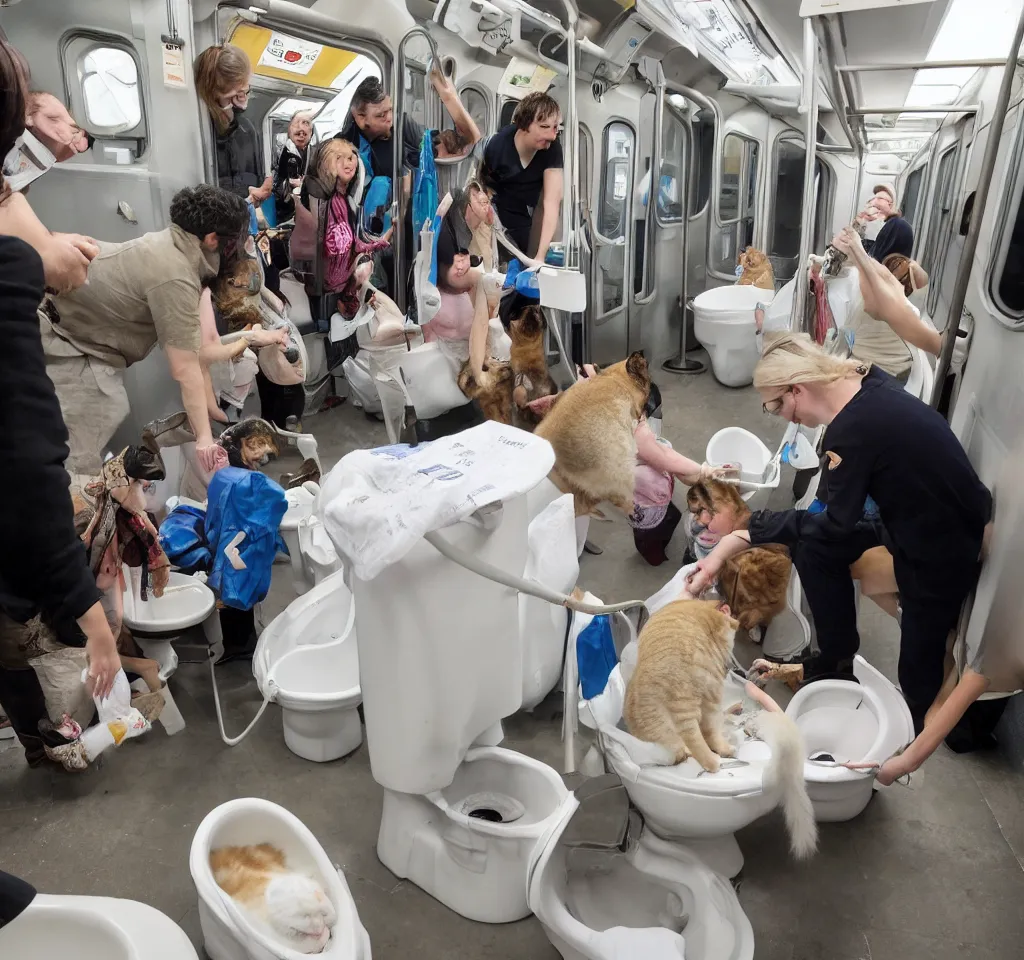 Prompt: people were flushing their cats down the toilet. this was for a charity, unspecified but highly regarded. people were on the train, looking at artefacts from outer space, listening to talk show djs discussing how to route your cat to the most profitable endpoint in the sewage system