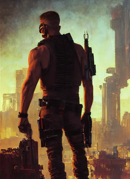 Prompt: duke nukem. cyberpunk mercenary in a military vest ( blade runner 2 0 4 9, cyberpunk 2 0 7 7 ). orientalist portrait by john william waterhouse and james gurney and theodore ralli and nasreddine dinet, oil on canvas. cinematic, hyper realism, realistic proportions, dramatic lighting, high detail 4 k