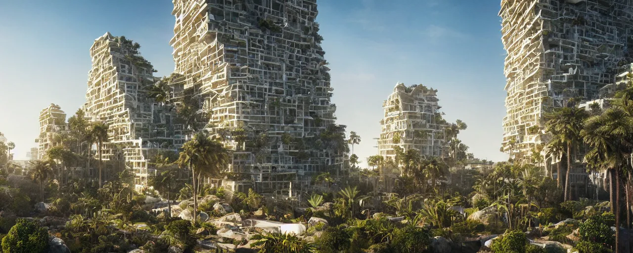 Image similar to contemporary golden babylon tower, sacred ancient architecture, hanging gardens, cascading highrise, arid mountains with lush palm forest, sunlight, post - production, octane, cgi, sfx