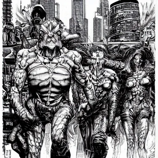 Image similar to sci - fi monster hunters, walking in shinjuku, hyperdetailed, art by liam sharp