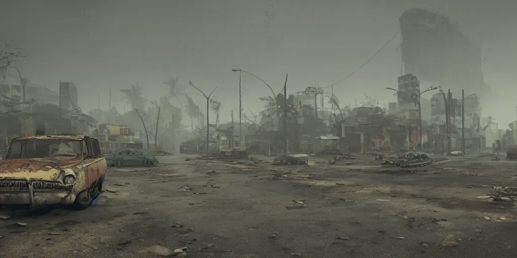 Prompt: wide angle shot of dilapidated fallout 5 tropical coastal city in real life, desolate, dilapidated, empty streets, nightmarish, some rusted retro futuristic fallout vintage style parked cars, overcast, blankets of fog pockets, rain, volumetric lighting, beautiful, daytime, autumn, sharp focus, ultra detailed, cgsociety