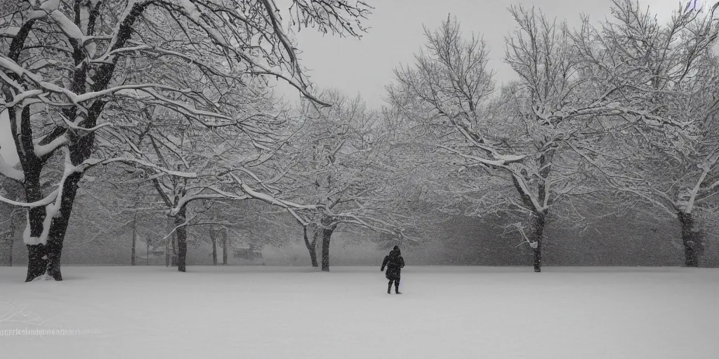 Prompt: A high resolution photograph taken with a 35mm f/12 lens of a snowy Norilks landscape with a person in the middle walking between blocks of brutalist architectural buildings.