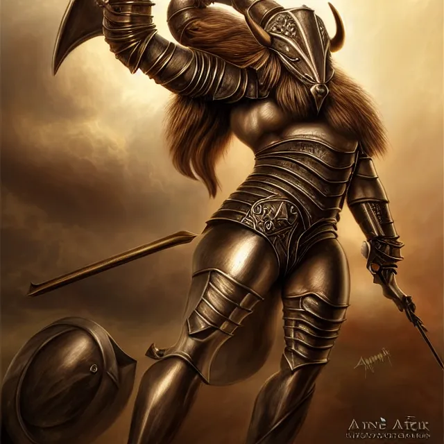 Prompt: armoured minotaur warrior artgerm anne stokes highly detailed 8 k hdr smooth sharp focus high resolution award - winning photo photorealistic