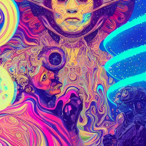 Image similar to An extremely psychedelic experience, colorful, surreal, dramatic lighting, cosmonaut, LSD, face, detailed, intricate, elegant, highly detailed, digital painting, artstation, concept art, smooth, sharp focus, illustration, art by Sam Spratt, Dan Mumford, Artem Demura and Alphonse Mucha