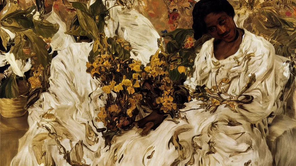 Image similar to high quality high detail painting by lucian freud, jenny savile, ilya repin and john singer sargent, black woman in a white room with many plants, intricate costume design, orientalist, partially gold, ornate, elite, luxury, hd