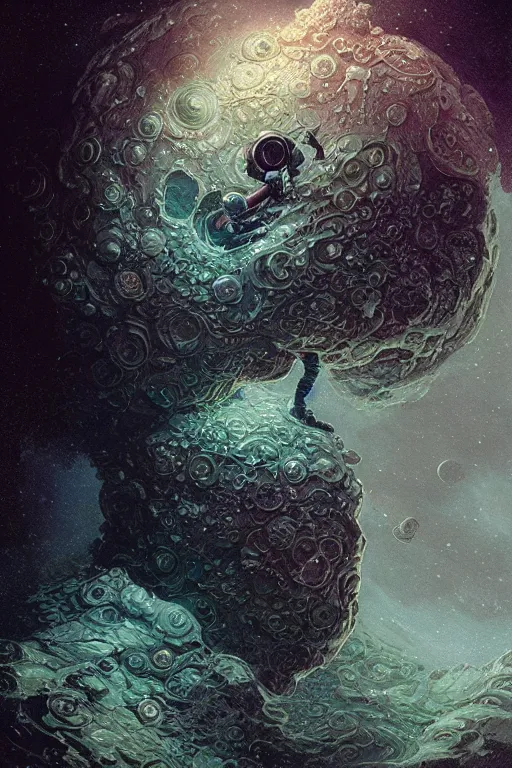 Image similar to close up shot of an astronaut portrait fading into the aether, water elemental, james gurney, peter mohrbacher, mike mignola, black paper, mandelbulb fractal, trending on artstation, exquisite detail perfect, hyper detailed, intricate ink illustration, black background