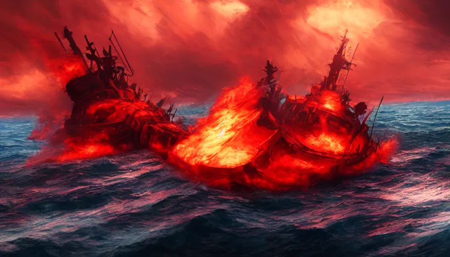 Prompt: Realistic concept art of a burning boat attacked by demons in the middle of the ocean with dark and red sky, hyperdetailed, artstation, cgsociety, 8k