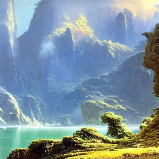 Prompt: painting of a lush natural scene on an alien planet by bruce pennington. beautiful landscape. weird vegetation. cliffs and water.