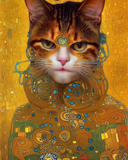 Image similar to cat meditation portrait an oil painting splashes with many colors and shapes by gustav klimt greg rutkowski and alphonse mucha, polycount, generative art, psychedelic, fractalism, glitch art