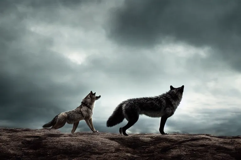 Prompt: the back of a man, facing a angry wolf, stand - off, muted colors, 8 k, depth of field, cinematic, hyperrealistic, movie still frame, promotional image, imax 7 0 mm footage