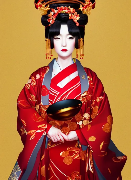 Image similar to dreamlike luxury stunning oiran portrait, red and gold kimono, art by artgerm, wlop, loish, ilya kuvshinov, 8 k realistic, hyperdetailed, beautiful lighting, detailed background, depth of field, symmetrical face, frostbite 3 engine, cryengine,