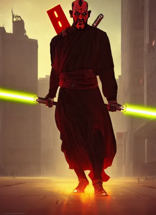 Image similar to highly detailed poster of darth maul with yellow eyes in gta v, unreal engine, fantasy art by greg rutkowski, global illumination, radiant light